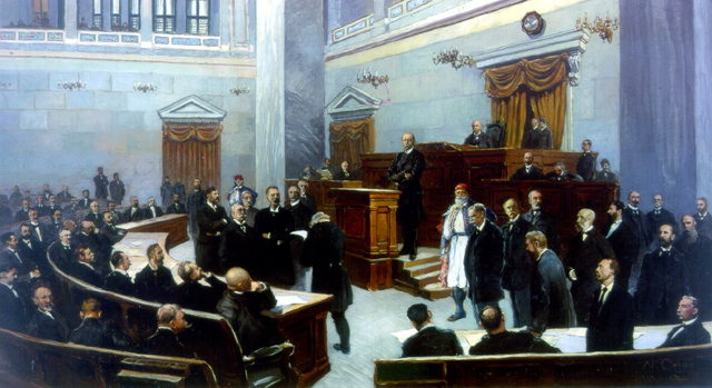 Prime Minister Harilaos Trikoupis addresses the Greek Parliament