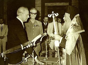 Karamanlis taking the oath of office in Athens